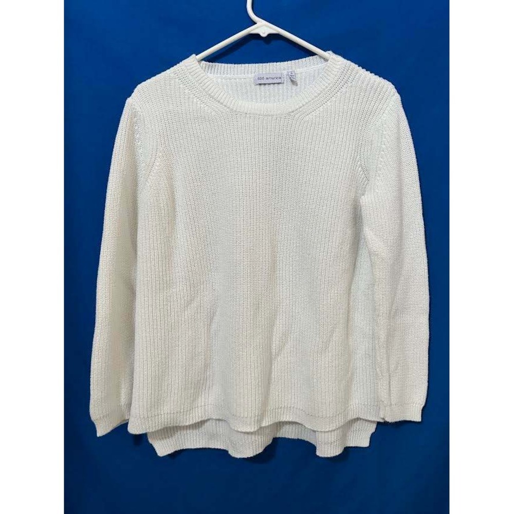 525 America White Cotton Shaker Knit Crew Neck High Low Sweater Small